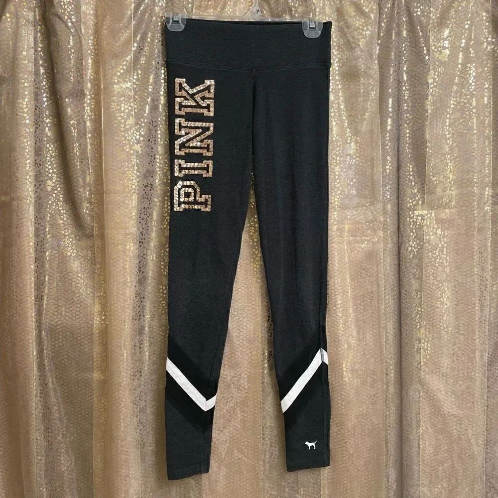PINK Victorias Secret Dark Gray Gold Sequin Bling Yoga Leggings, XS